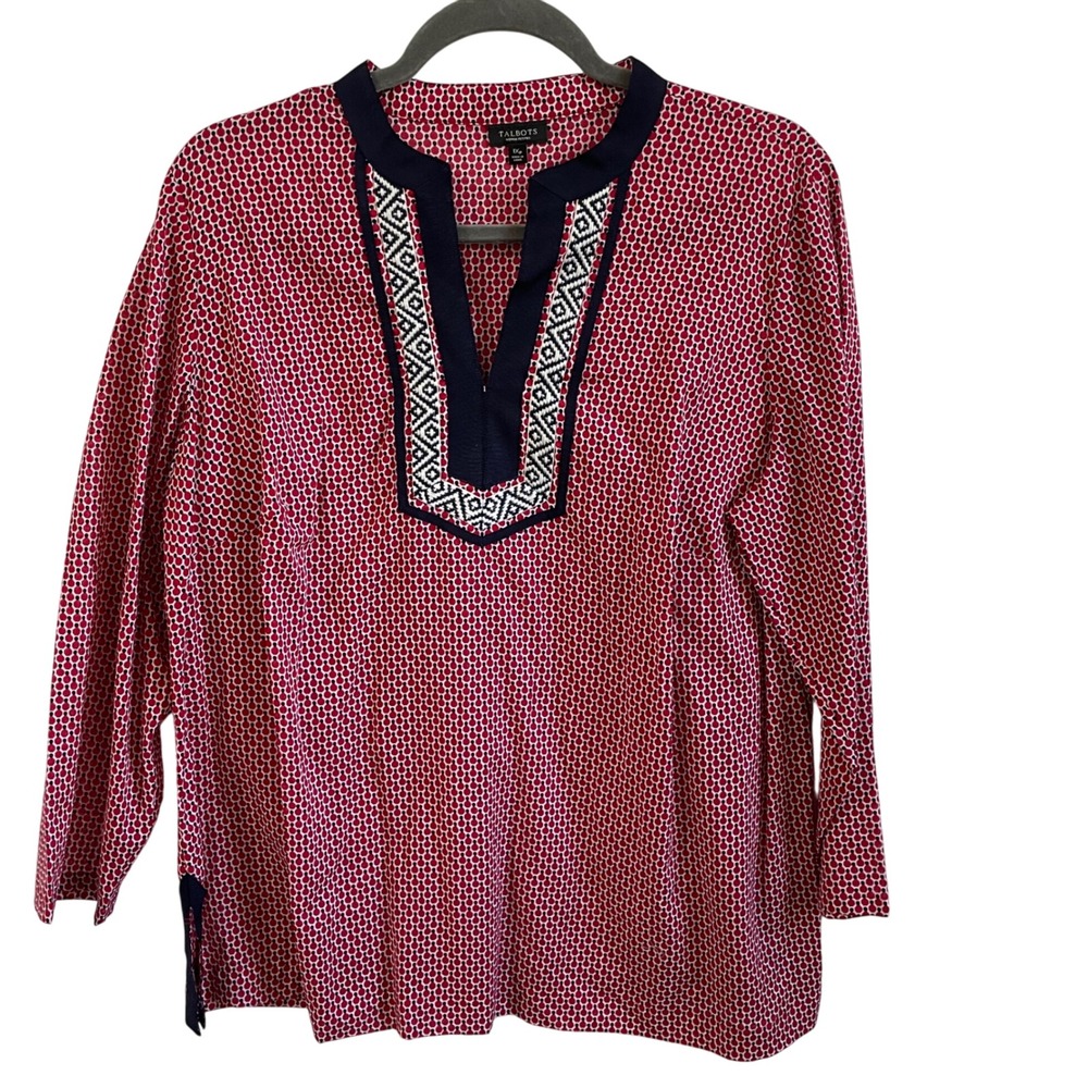 Talbots Woman Petites Red Print 3/4 Sleeve‎ Embellished Tunic Blouse 1X Petite